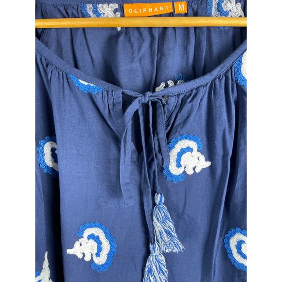 Oliphant Embroidered 3/4 Sleeve Cotton Blouse Tassel Scoop Neck Top Size Medium‎ - Picture 5 of 9